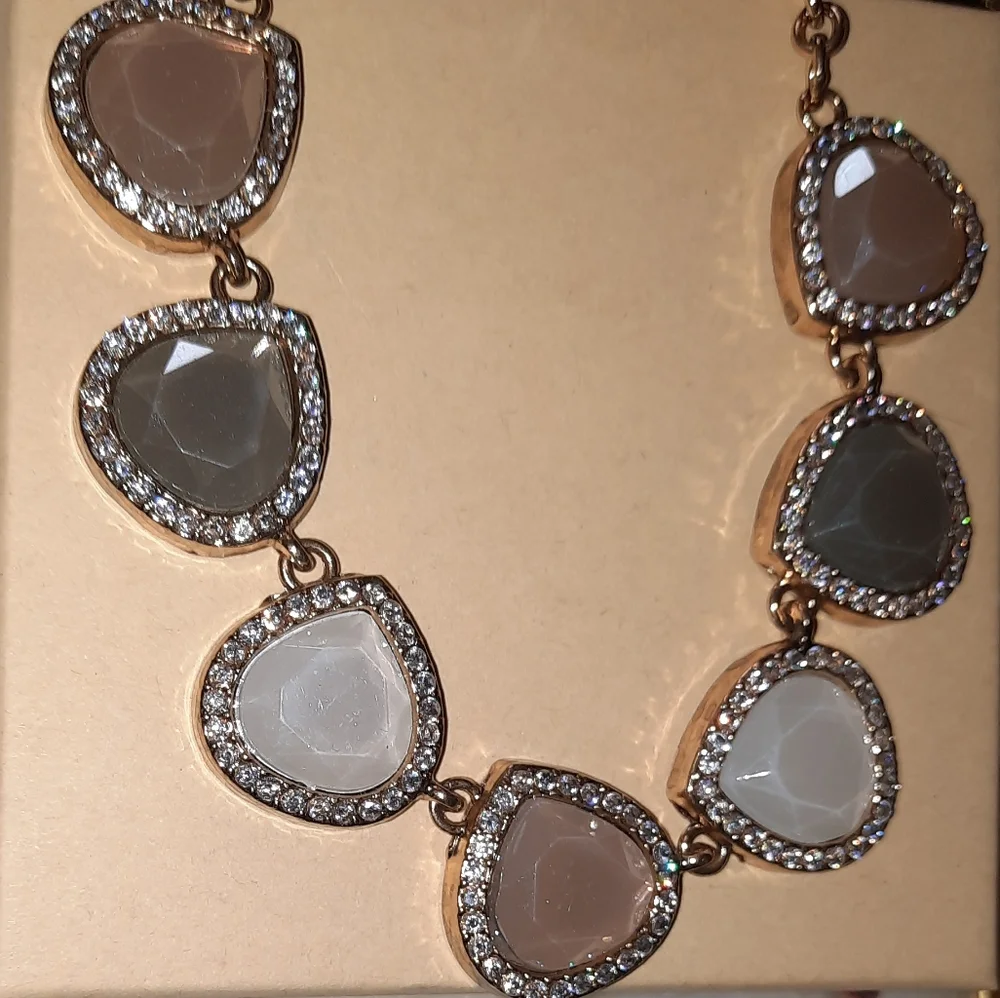 Cubic Zirconia Silvery statement Bib necklace adjustable goldtone
